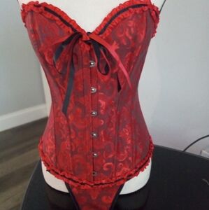 Elegant Black and Red Corset With Matching Tback Thongs